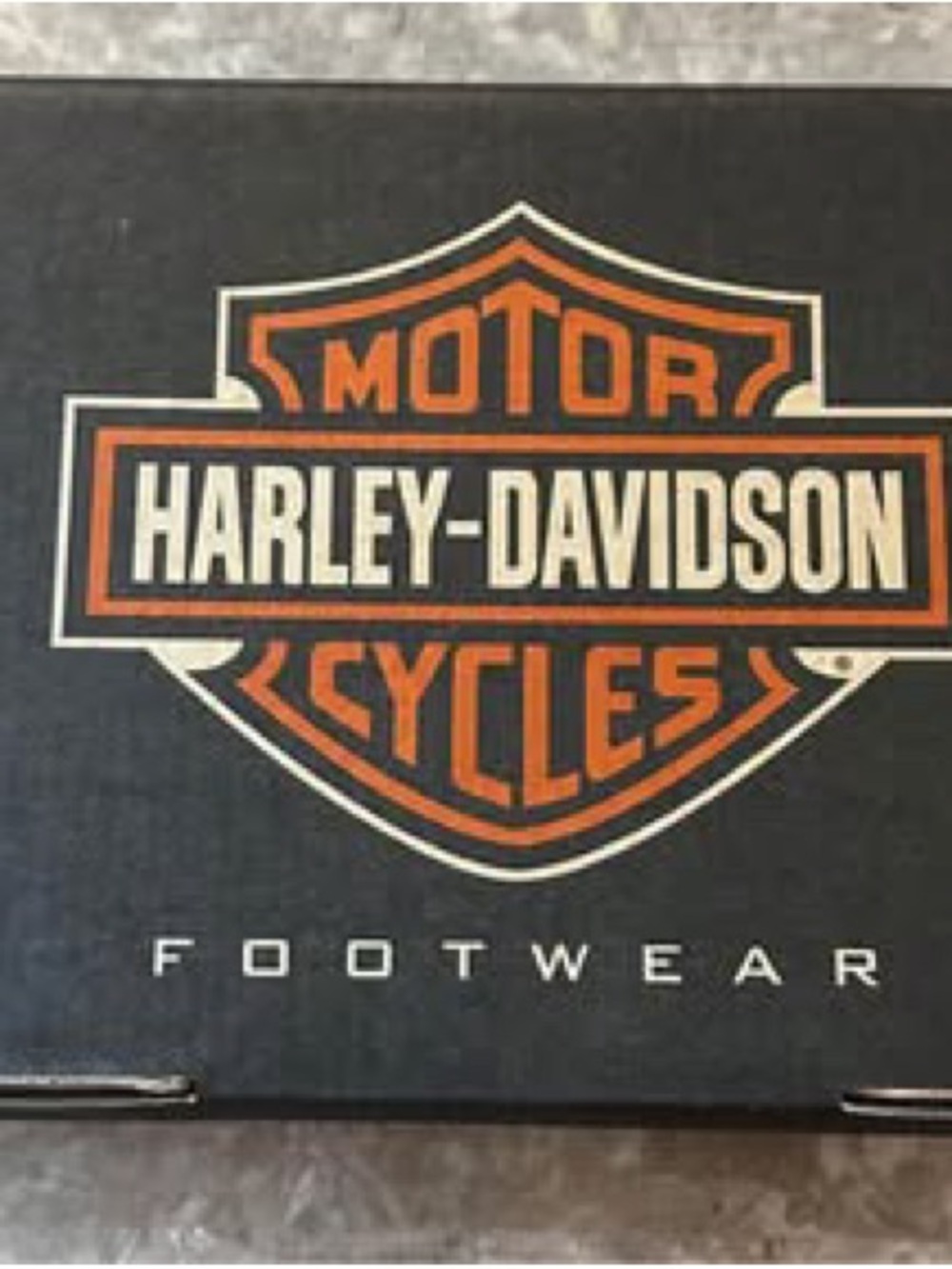 Harley-Davidson Burleigh White Tennis Shoe Black and Orange Logo Footwear Box.